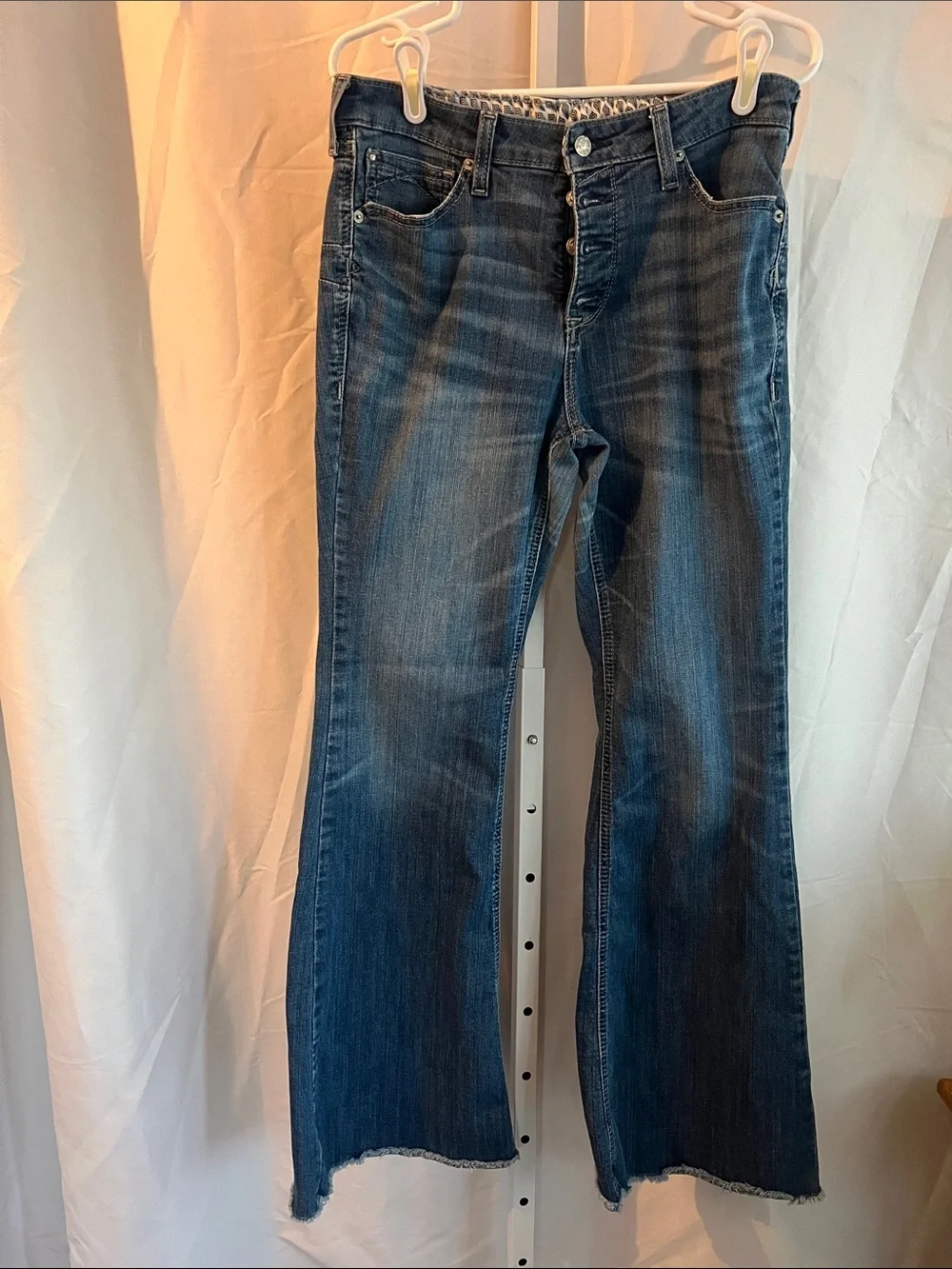 Ariat Dark Blue High Ruse Flare Jeans with Raw Hem 12” Flare Button Fly - Picture 1 of 16